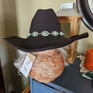 Frye Womens Faux Wool Felt Black Turquoise  Cattlemans Cowgirl Cowboy Hat NWT